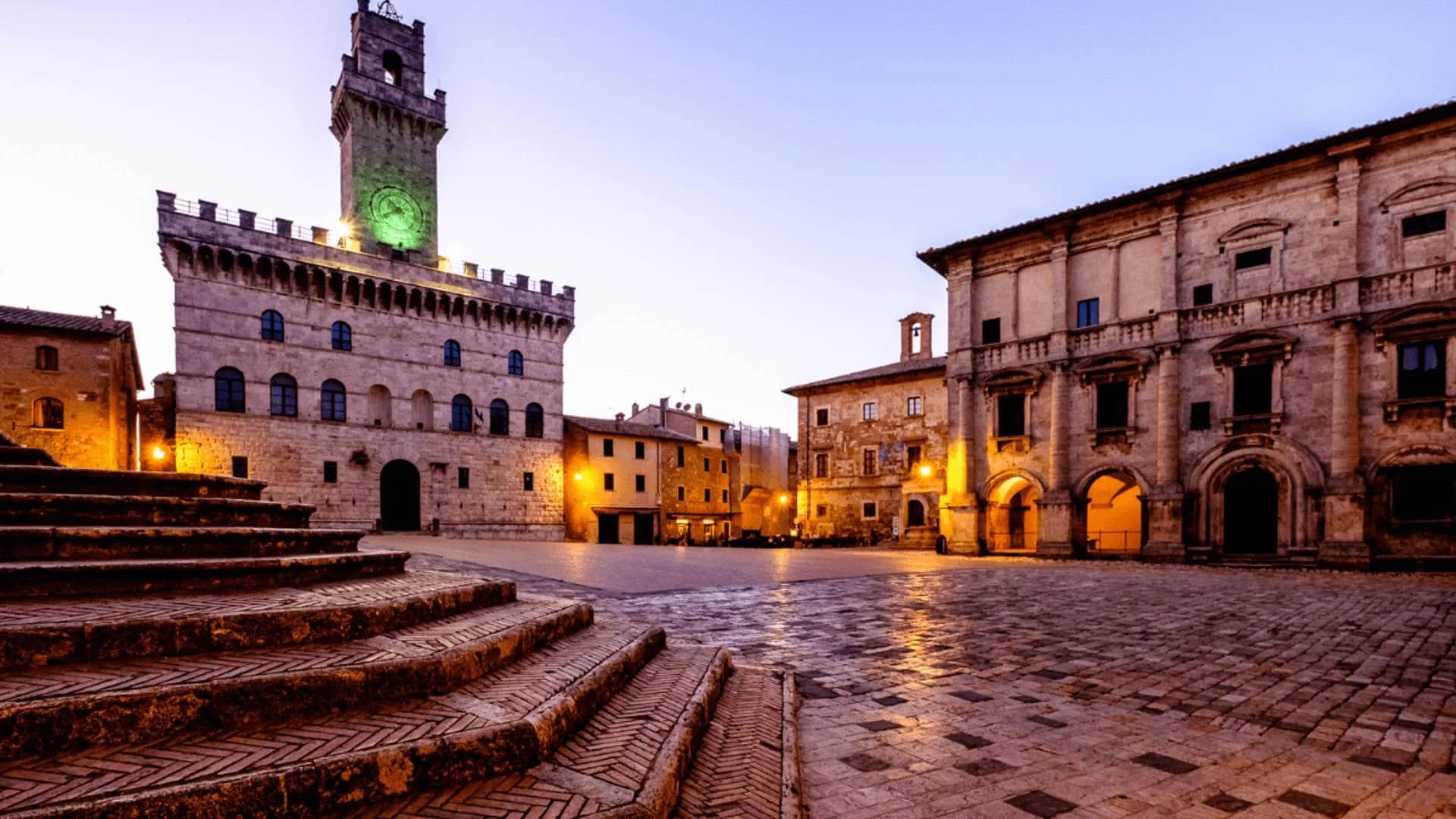 Historic center of Montepulciano at dusk, Tuscany