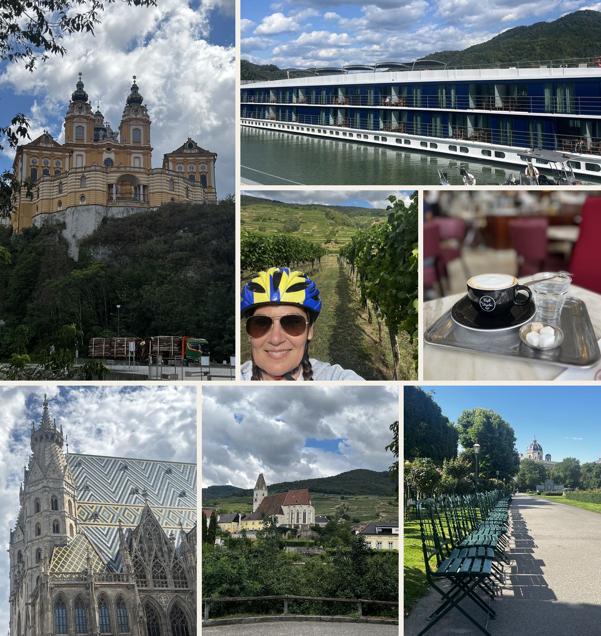 Danube collage: Melk Abbey, the AmaWaterways ship, Erin on a vineyard bike tour, a Viennese café, St. Stephen's Cathedral, a Wachau village church, and palace-garden benches in Vienna
